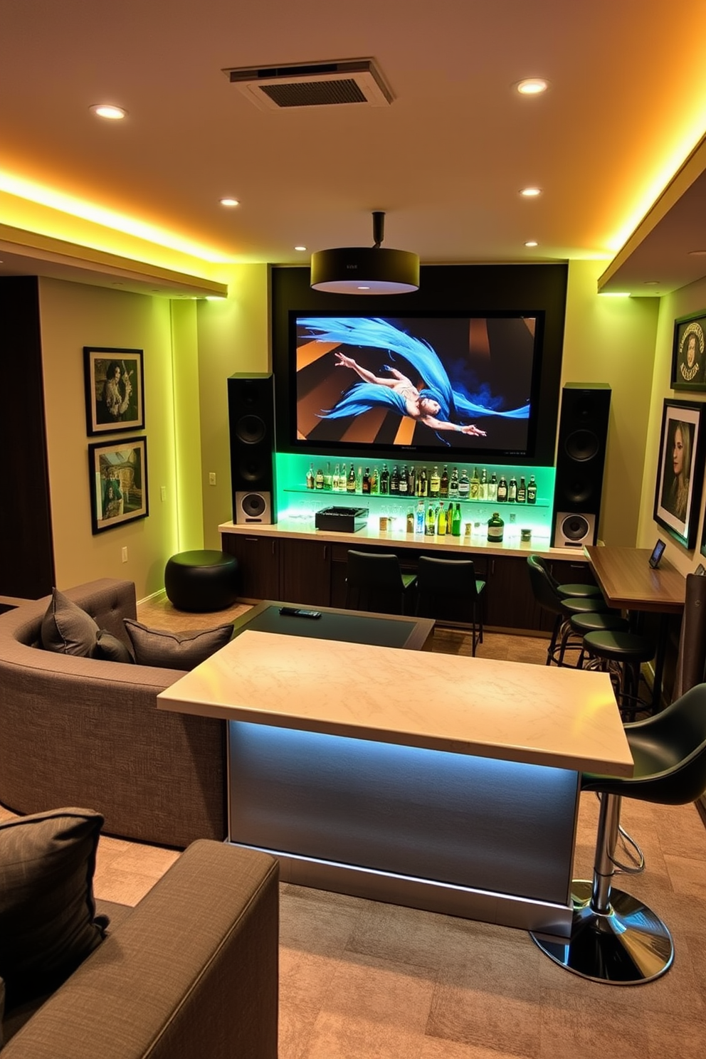 A tropical theme man cave bar features rich wooden cabinetry adorned with palm leaf accents. The bar is complemented by vibrant green and yellow decor, creating a lively atmosphere perfect for relaxation and entertainment.