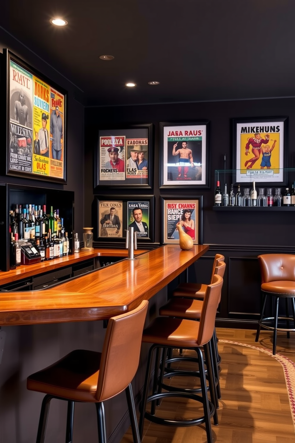 A stylish man cave featuring an accent wall adorned with framed artwork that showcases a collection of vintage posters. The bar area includes a sleek wooden counter with high stools and shelves stocked with an array of spirits and glassware.