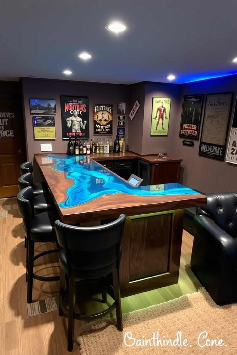 A custom bar top made of rich walnut wood features a stunning epoxy resin finish that showcases swirling shades of blue and green. The bar area is accented with stylish bar stools upholstered in dark leather, creating a perfect spot for entertaining guests. The man cave is designed with a cozy atmosphere, incorporating dimmable LED lighting that highlights the bar and surrounding decor. Vintage posters adorn the walls, and a plush rug anchors the seating area, making it an inviting space for relaxation and socializing.