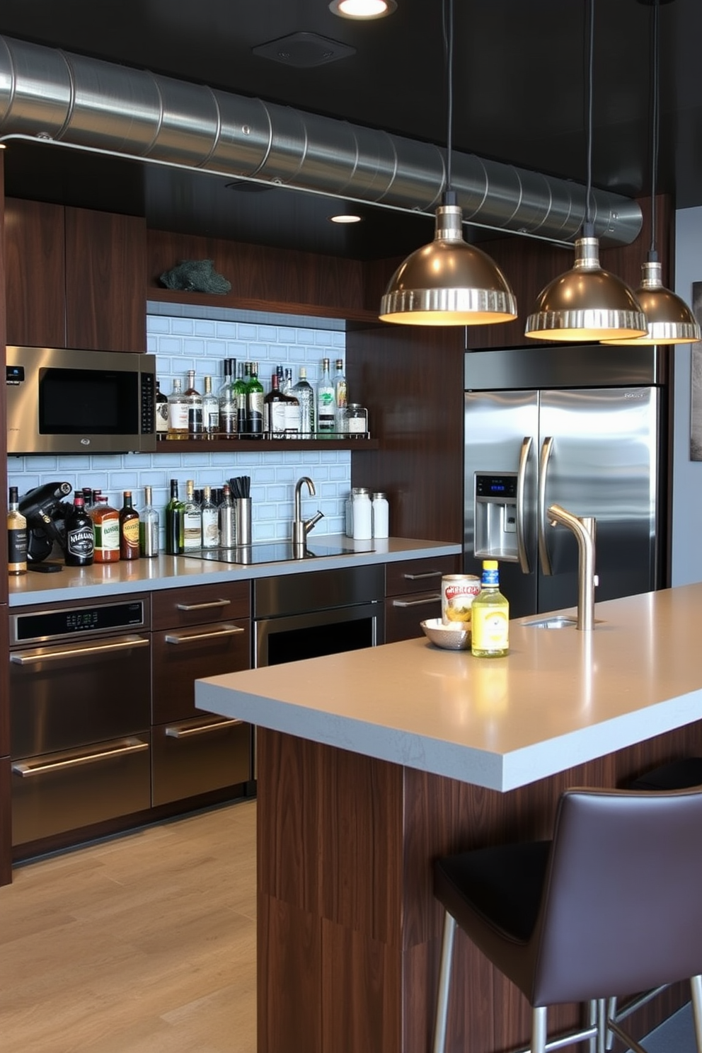 A modern man cave bar featuring sleek stainless steel appliances for a contemporary aesthetic. The bar area is equipped with a polished concrete countertop and high-top stools, creating an inviting space for entertaining.