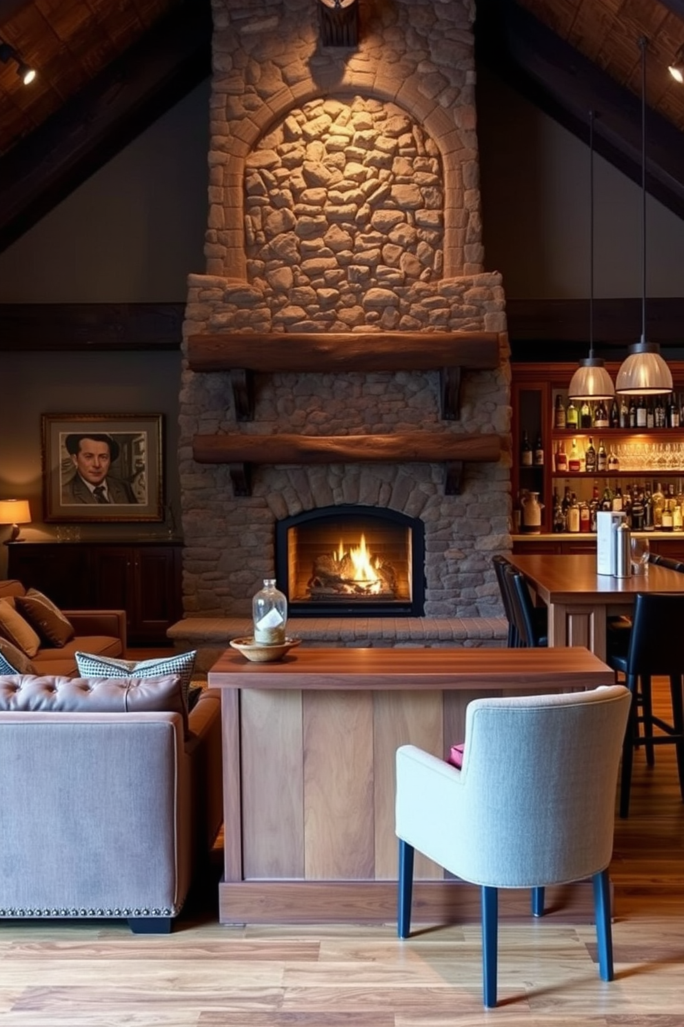 Cozy fireplace for warmth and ambiance. A rustic stone fireplace serves as the focal point of the room, surrounded by comfortable seating options like a plush sectional and armchairs. Man Cave Bar Design Ideas. The bar area features a sleek wooden counter with high stools, illuminated by pendant lights, and is stocked with various spirits and glassware for an inviting atmosphere.