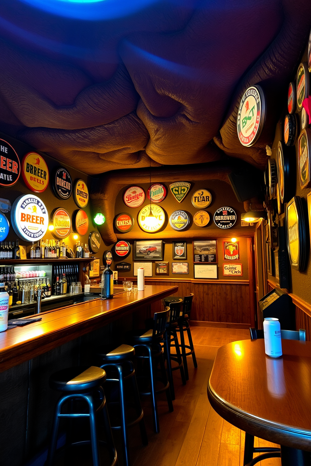 A cozy man cave bar featuring vintage beer signs and memorabilia adorning the walls. The bar itself is a rustic wooden structure with high stools, complemented by a warm ambient light that creates an inviting atmosphere.