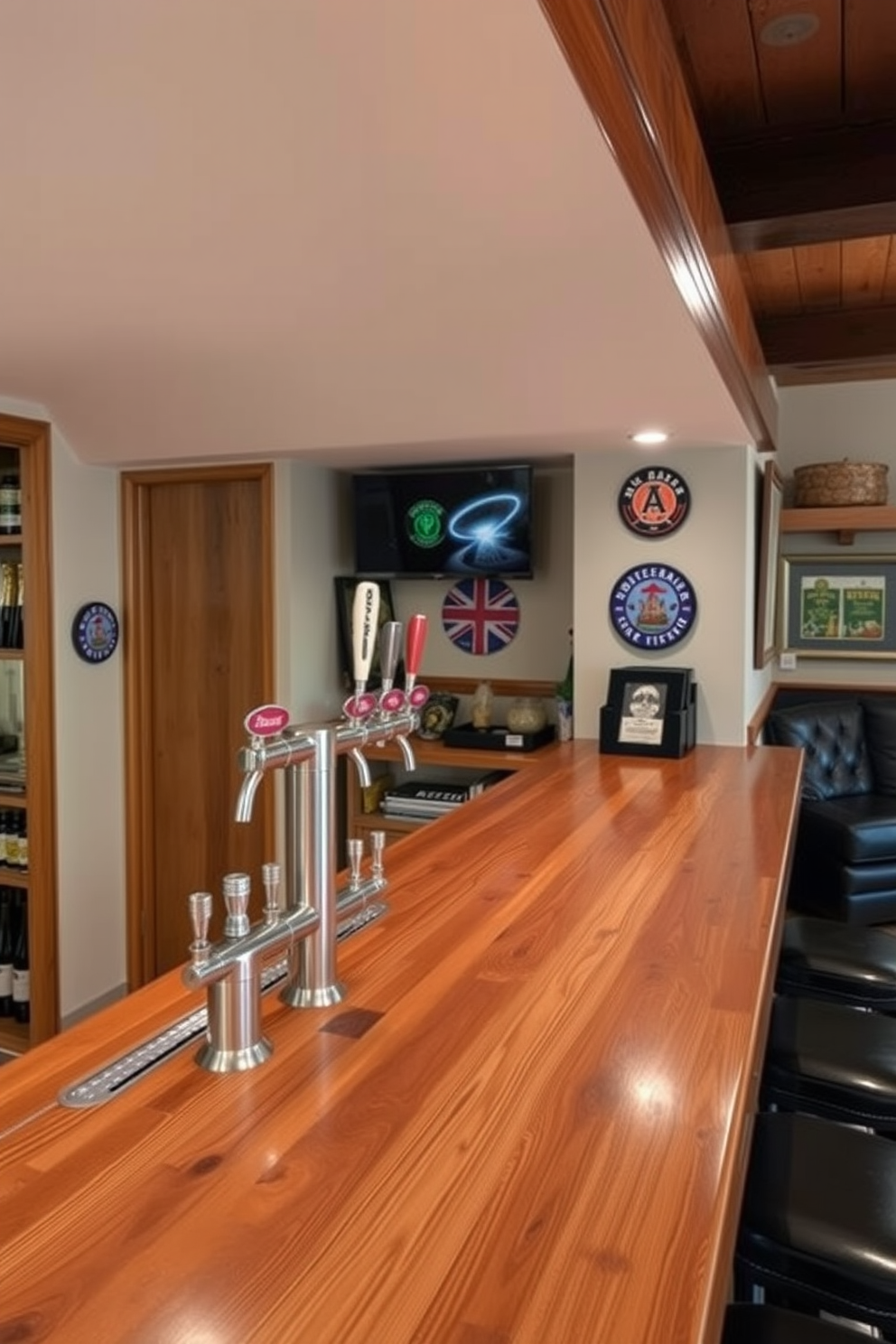 A stylish man cave bar designed for beer lovers features a custom-built draft beer system with multiple taps seamlessly integrated into a wooden bar countertop. The walls are adorned with beer memorabilia, and comfortable seating options create a relaxed atmosphere for entertaining friends.