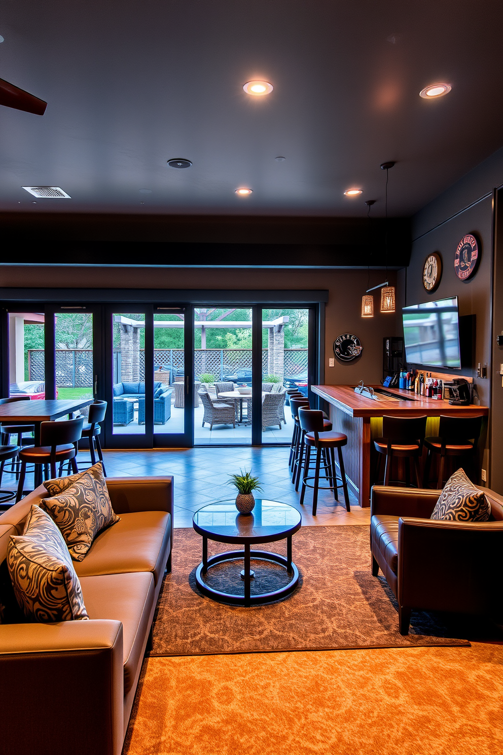 A stylish man cave bar designed for relaxation and entertainment. The space features a custom wooden bar with high stools, surrounded by comfortable lounge seating and ambient lighting. Large glass doors open to an outdoor patio, allowing fresh air to flow in and creating a seamless transition between indoor and outdoor spaces. The decor includes sports memorabilia and a large flat-screen television for an inviting atmosphere.