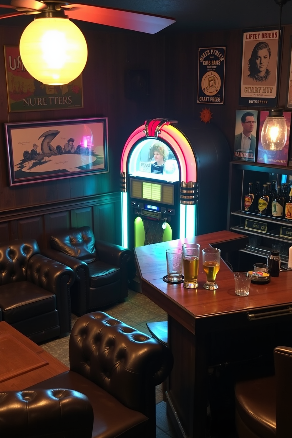 A vintage jukebox stands proudly in the corner, its colorful lights casting a warm glow over the room. Surrounding it are plush leather seating options and a rustic wooden bar that invites friends to gather. The bar features an assortment of vintage glassware and a selection of craft beers displayed prominently. Dark wood paneling and retro posters adorn the walls, enhancing the nostalgic atmosphere of this man cave.