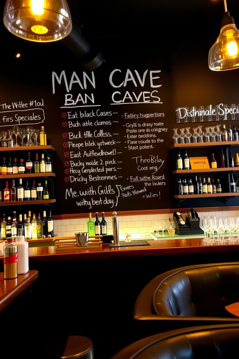 A stylish man cave bar featuring a chalkboard wall dedicated to drink specials. The bar area includes sleek wooden shelves stocked with various spirits and glassware, complemented by comfortable seating options.