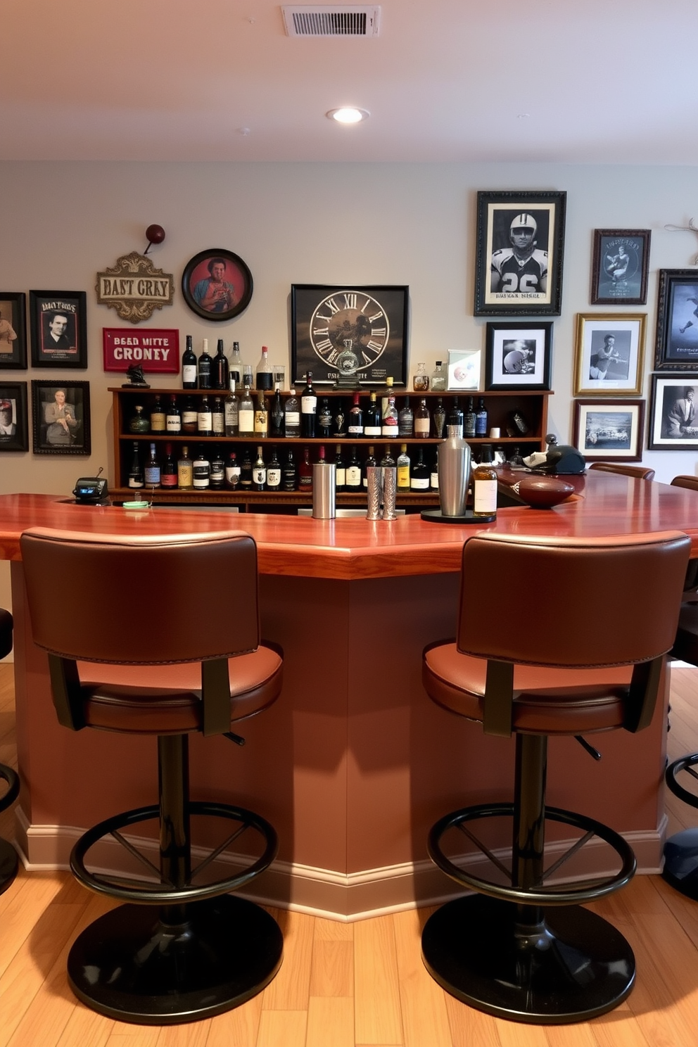 Comfortable bar stools with footrests are arranged around a sleek wooden bar counter. The bar is adorned with various bottles of spirits and a stylish cocktail shaker set, creating an inviting atmosphere for relaxation and entertainment. The walls are decorated with vintage sports memorabilia and framed photographs, adding a personal touch to the space. Soft ambient lighting illuminates the area, enhancing the cozy and welcoming vibe of the man cave bar.