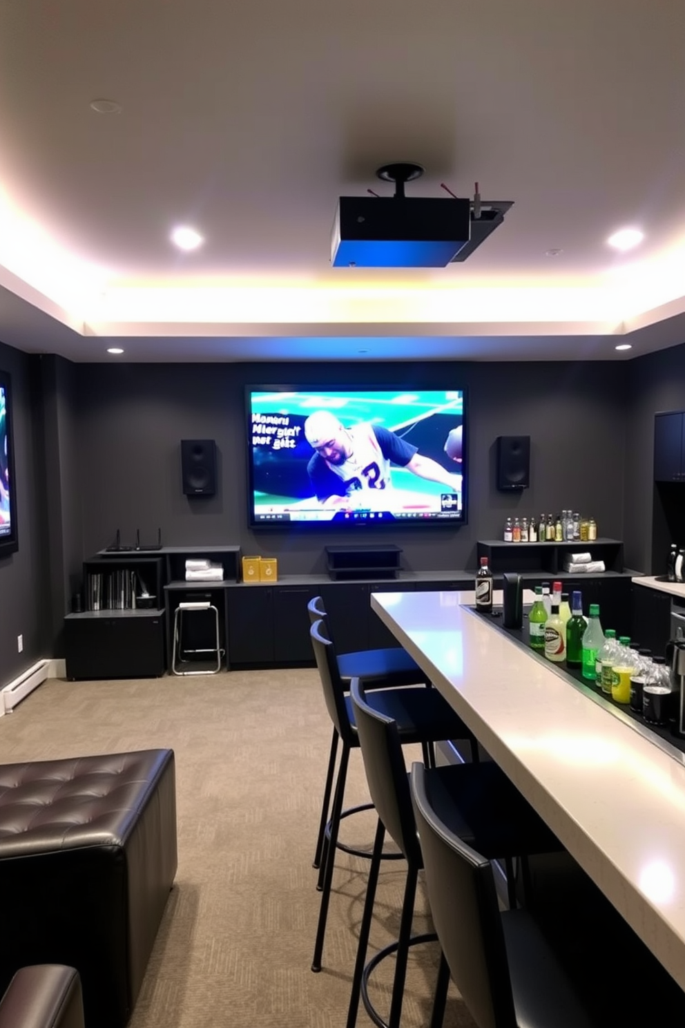 A spacious man cave designed for sports and movies features a large wall-mounted television with surround sound speakers strategically placed for optimal viewing. The bar area includes a sleek counter with high stools, stocked with various beverages and equipped with a mini fridge for convenience.