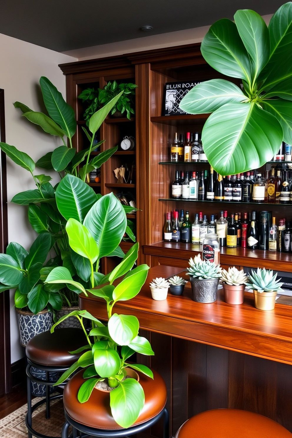 A cozy man cave featuring a custom-built bar made of dark wood with sleek metal accents. The bar is stocked with an array of spirits and has high stools with leather upholstery for seating. Indoor plants are strategically placed throughout the space to add a fresh touch and enhance the atmosphere. Large leafy plants in decorative pots sit in the corners, while smaller succulents adorn the bar top for a vibrant look.