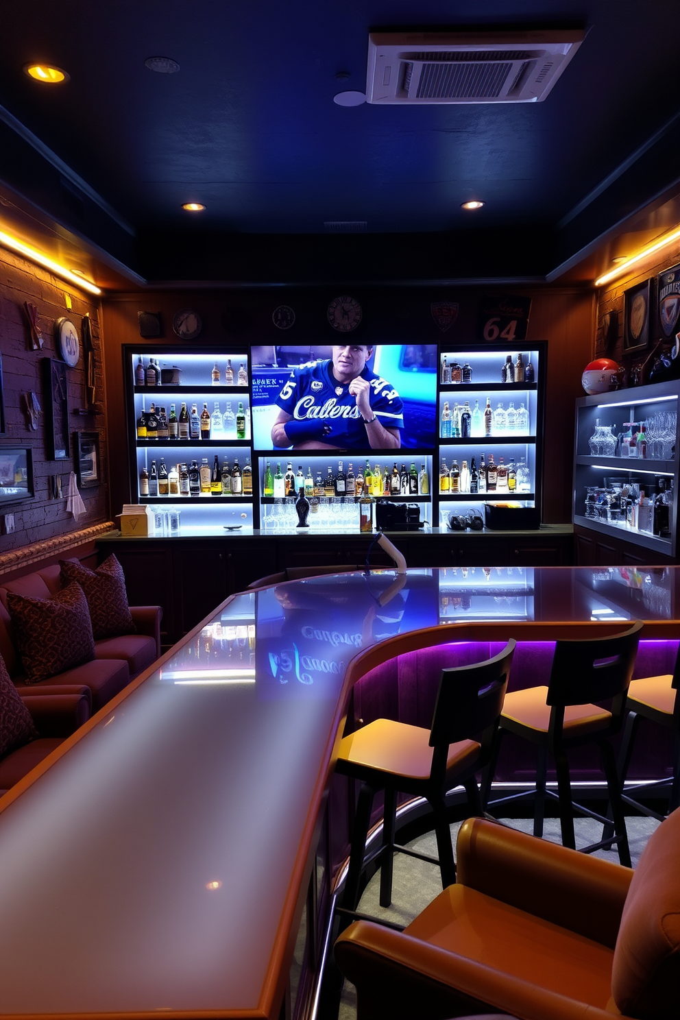 A cozy and inviting man cave bar with mood lighting that adapts to various occasions. The space features plush seating, a sleek bar counter with high stools, and ambient lighting that can shift from warm to cool tones depending on the mood. The walls are adorned with sports memorabilia and dark wood paneling, creating a rustic yet modern feel. A large flat-screen TV is mounted above the bar, and shelves filled with an extensive collection of spirits and glassware are illuminated by soft LED lights.