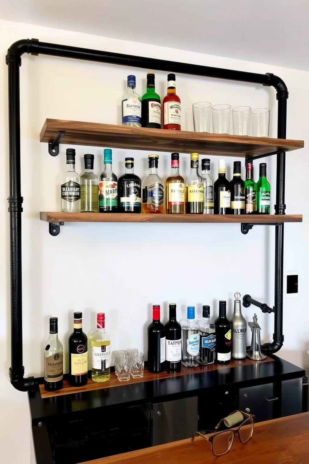 A stylish man cave bar featuring industrial pipe shelving designed for drinks storage. The shelves are made of reclaimed wood and black metal pipes, creating a rugged yet sophisticated look.