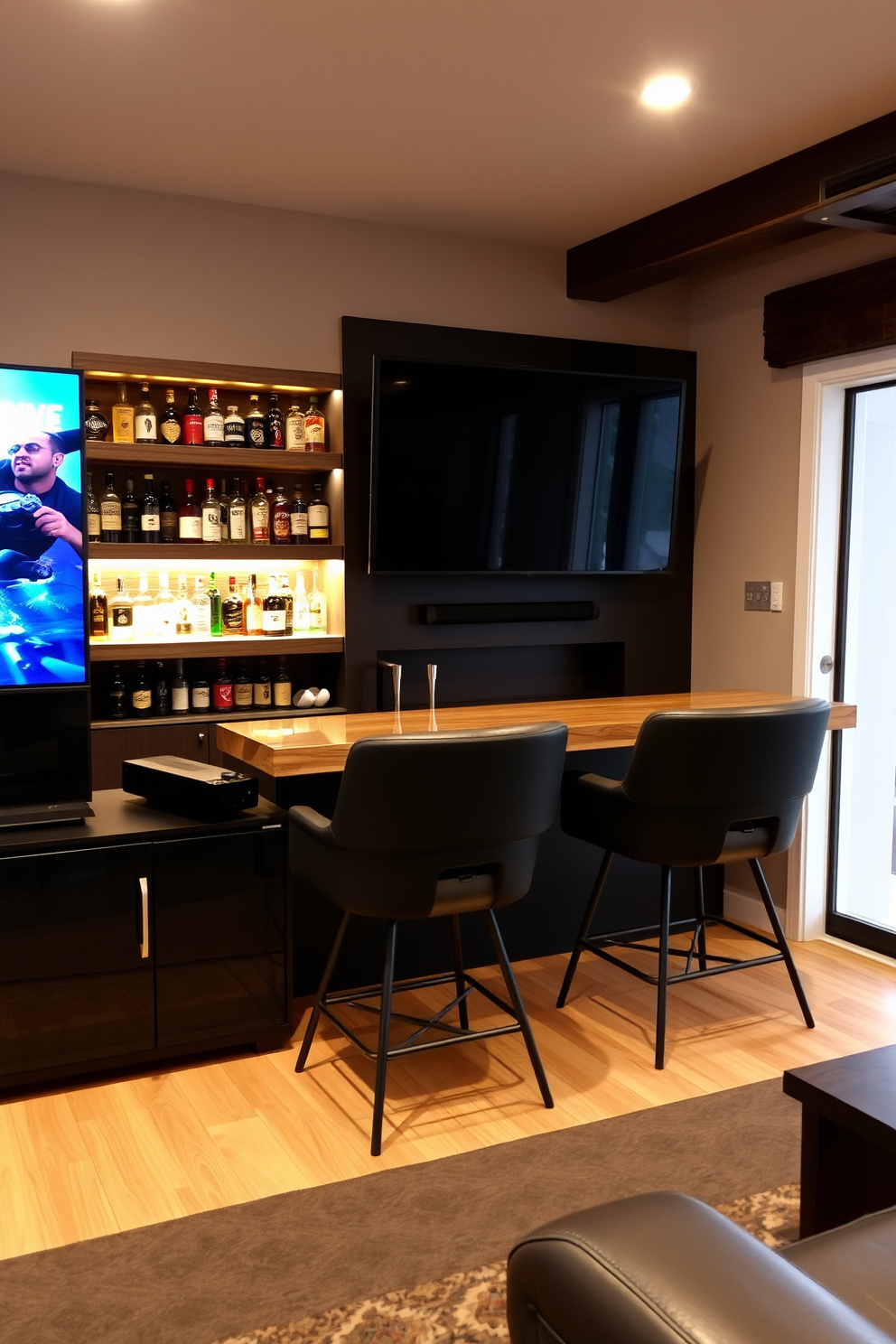 A modern games console setup for video gaming features a sleek black entertainment unit that houses the console and accessories. A large flat-screen TV is mounted on the wall, with comfortable gaming chairs arranged in front for an immersive experience. The man cave bar design includes a rustic wooden bar counter with high stools for seating. Behind the bar, shelves display an array of spirits and glassware, complemented by ambient lighting that creates a cozy atmosphere.