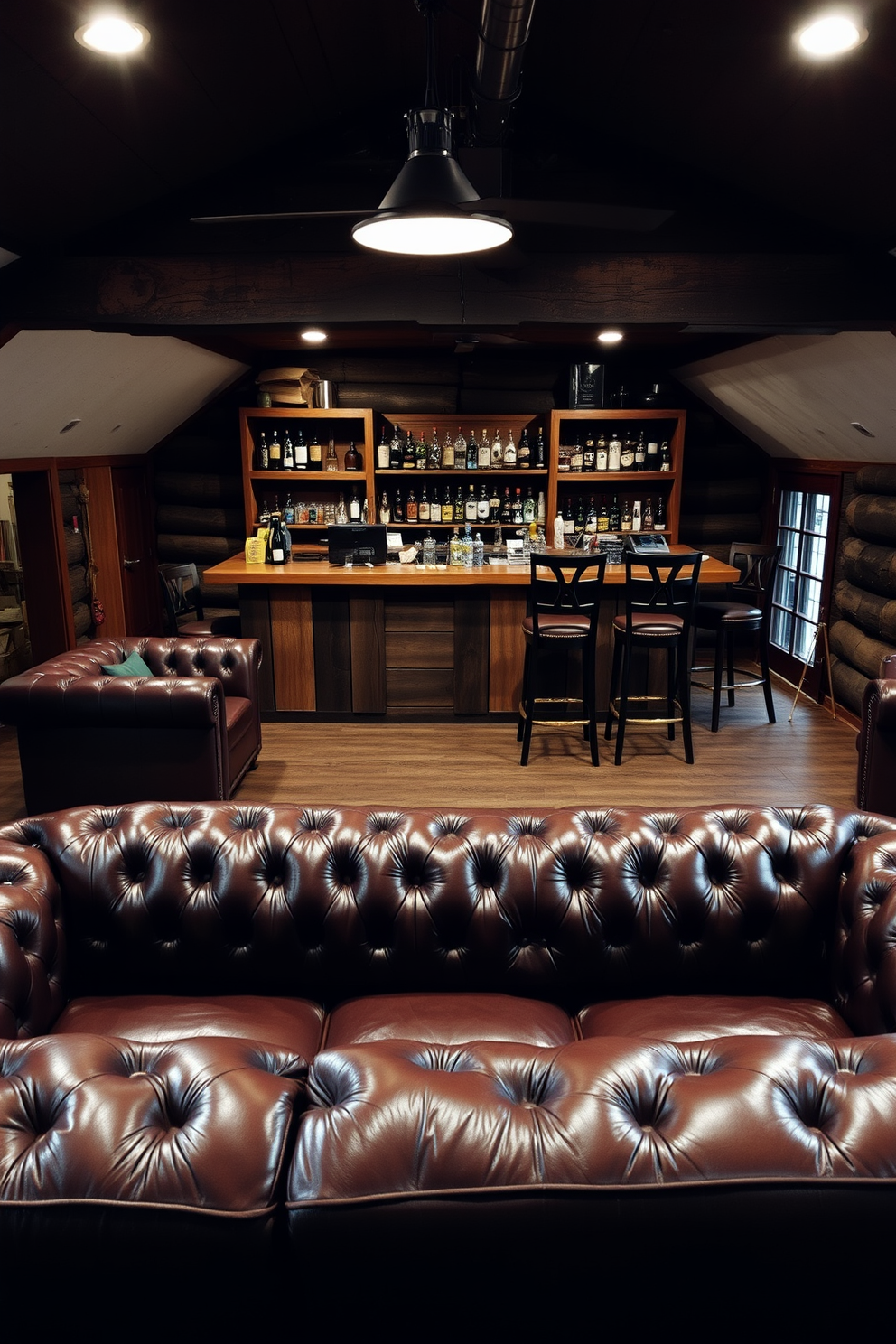 A cozy man cave featuring leather couches arranged for comfortable seating. The space includes a rustic wooden bar with high stools, adorned with various spirits and barware.