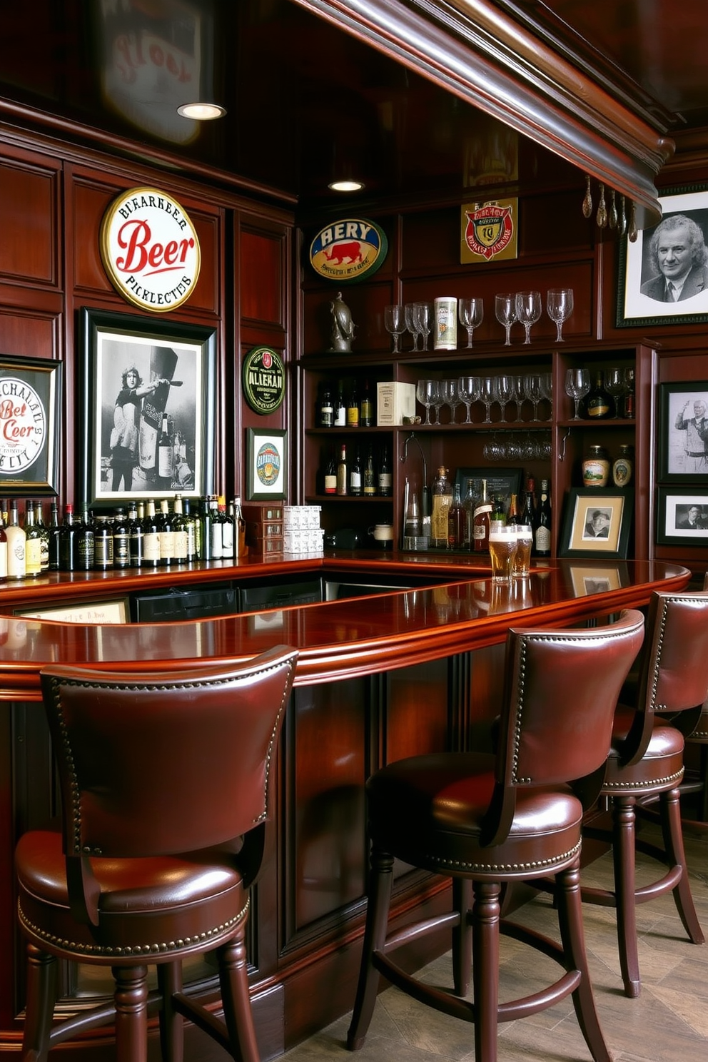 A cozy man cave designed for sports enthusiasts. The walls are adorned with framed jerseys and signed memorabilia from favorite teams. A sleek bar counter made of reclaimed wood sits against one wall. Behind the bar, shelves display an array of glassware and team-themed decorations.