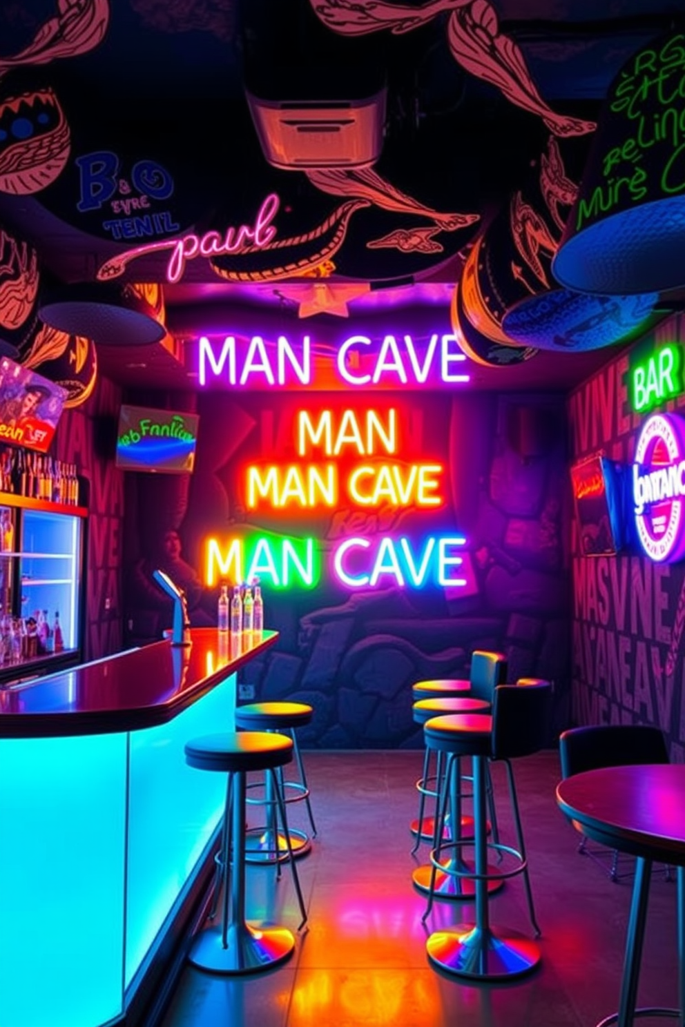 A vibrant man cave bar featuring neon lights that create a lively and fun atmosphere. The bar area is equipped with high-top stools and a sleek countertop, illuminated by colorful neon signs that reflect the energy of the space.