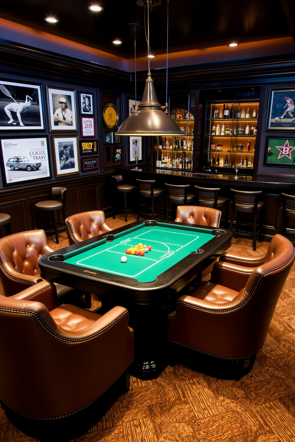 A stylish game table designed for poker or billiards is the centerpiece of the room. The table is surrounded by plush leather chairs that offer comfort during long gaming sessions. The walls are adorned with vintage sports memorabilia and framed photographs of iconic games. A sleek bar area features high stools and a polished wooden counter stocked with an array of premium spirits.