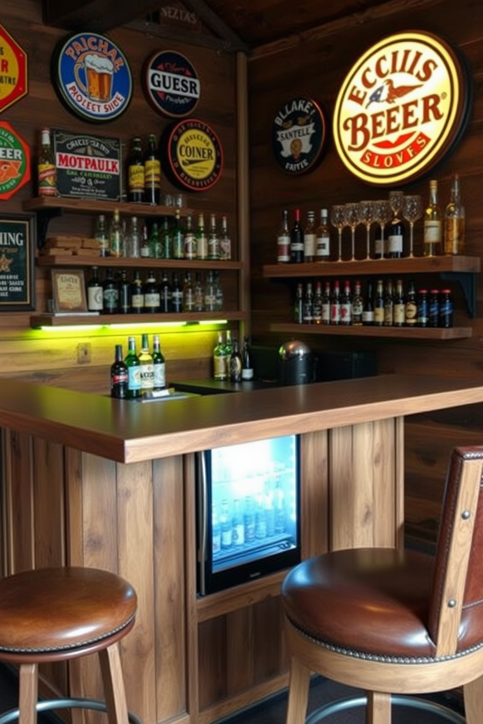 A stylish mini fridge is seamlessly integrated into a rustic wooden bar setup, providing quick access to chilled drinks. The bar features high stools with leather upholstery, and ambient lighting creates a warm, inviting atmosphere. The walls are adorned with vintage beer signs and shelves filled with an array of spirits and glassware. A sleek countertop complements the mini fridge, making it the perfect spot for entertaining friends in a cozy man cave.