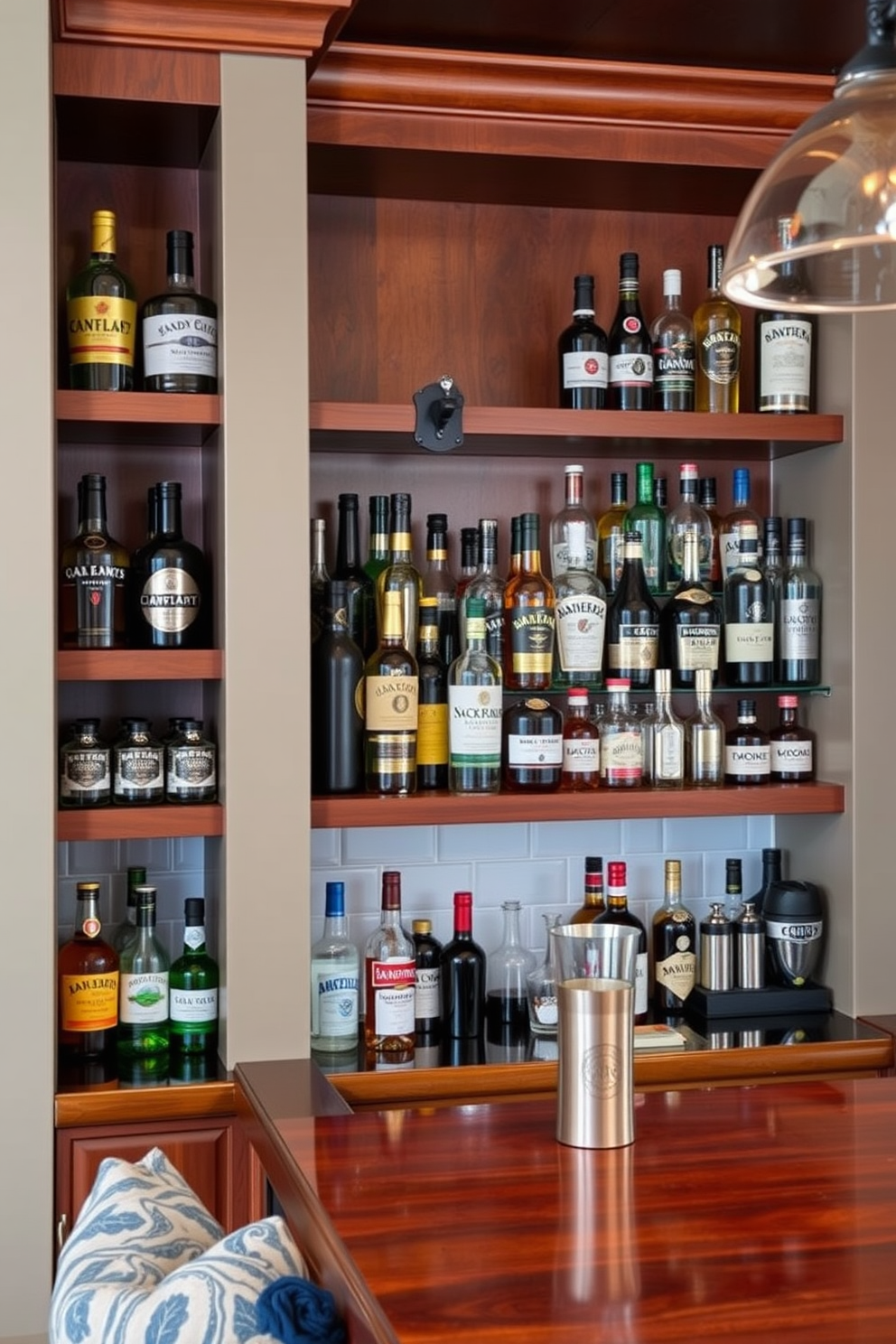 A stylish man cave bar featuring a wall-mounted bottle opener for easy access. The design incorporates rich wooden shelves filled with an array of spirits and mixers, complemented by cozy seating options for friends to gather.