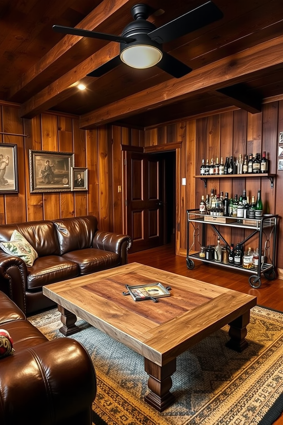 A rustic man cave featuring warm wood paneling that creates a cozy and inviting atmosphere. The space includes a large leather sofa, a reclaimed wood coffee table, and a vintage bar cart stocked with various drinks.