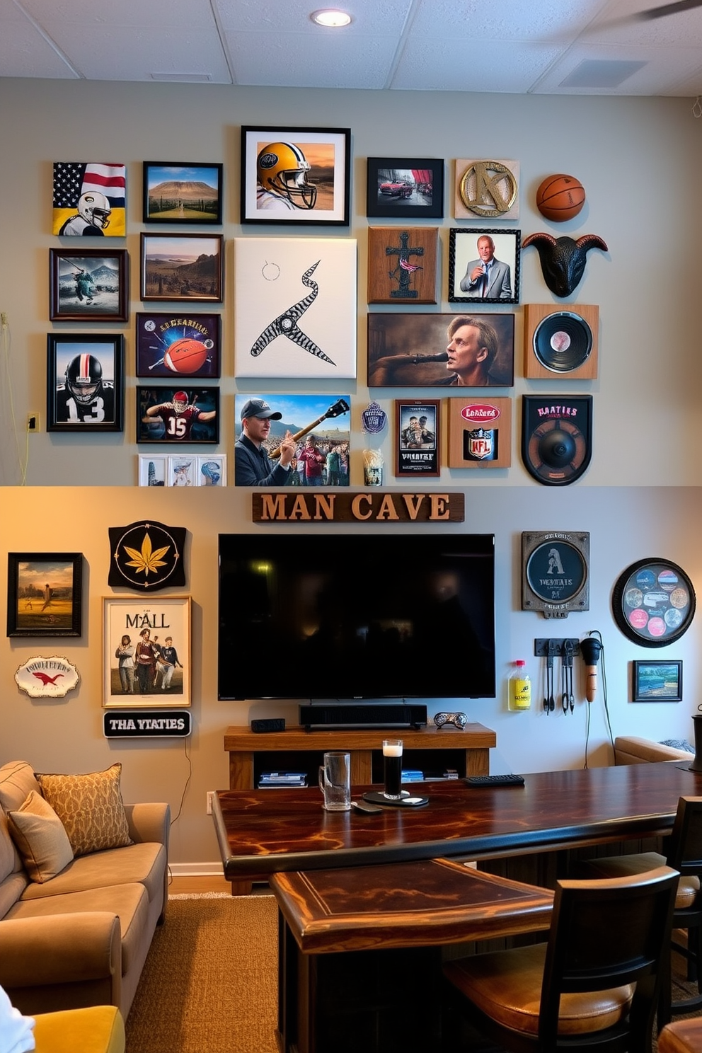 A stylish man cave featuring a draft beer tap system for ultimate convenience. The space includes a rustic wooden bar with bar stools, surrounded by comfortable lounge seating and sports memorabilia on the walls.