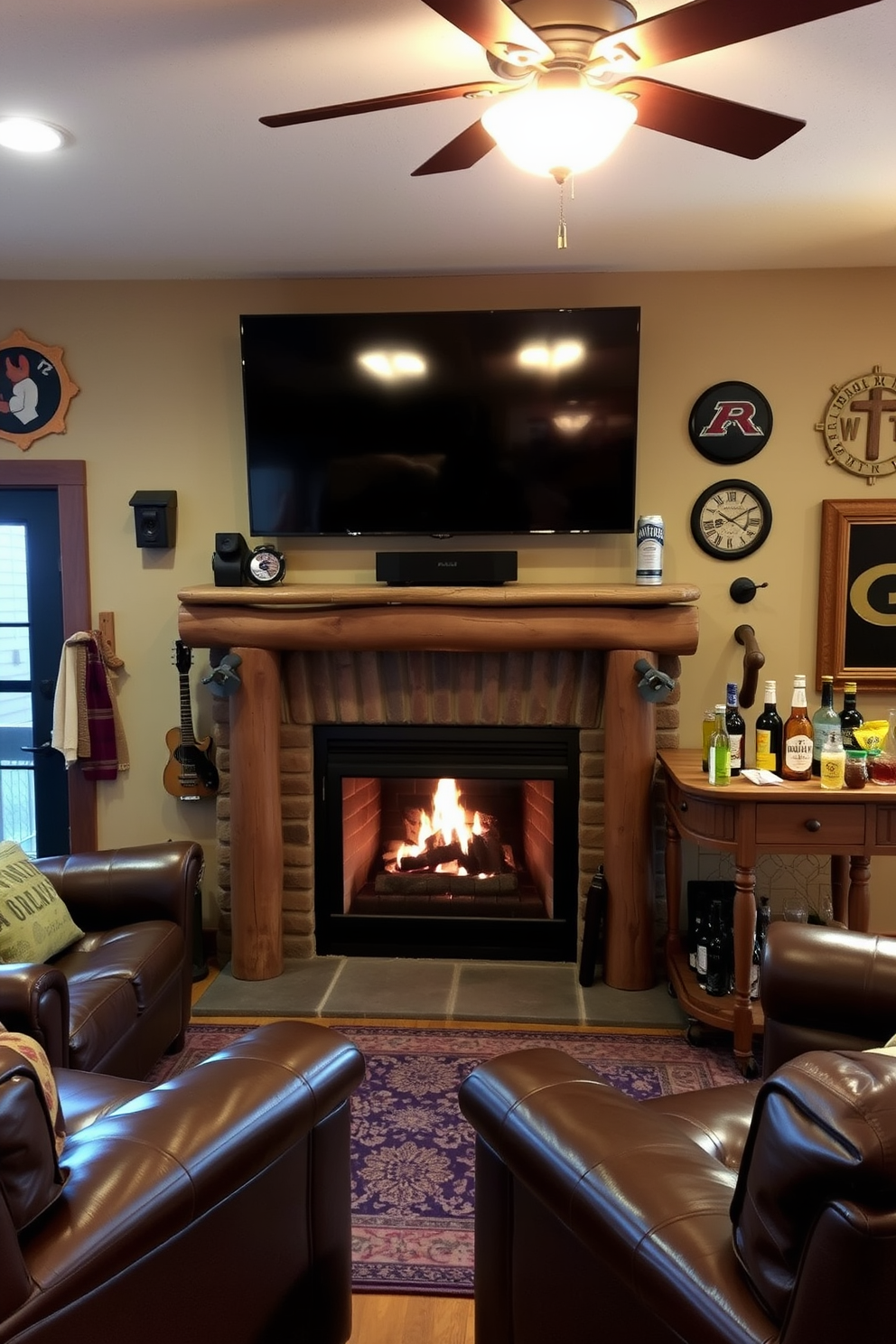 A stylish man cave featuring vintage movie posters as wall decor. The posters are framed in black and arranged in a gallery style on a deep blue wall, creating a nostalgic atmosphere. A plush leather sofa is positioned in front of a rustic wooden coffee table. The space is accented with ambient lighting from industrial-style lamps and a vintage popcorn machine in the corner.