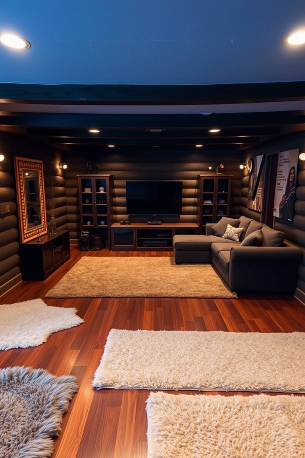 A cozy man cave featuring rich wooden flooring adorned with plush area rugs in various textures and colors. The space includes a large sectional sofa facing a sleek entertainment center, with ambient lighting creating a warm and inviting atmosphere.