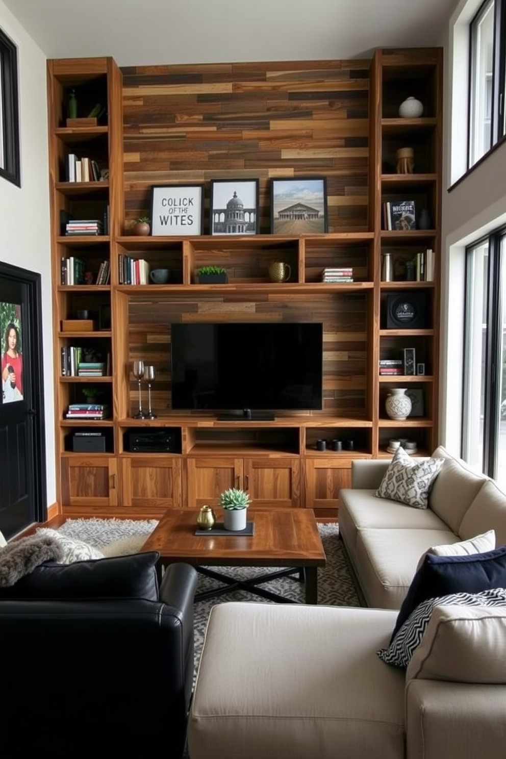 Customized shelving for books and decor. The shelves are crafted from reclaimed wood and feature a mix of open and closed storage for a curated look. Man Cave Design Ideas. The space is designed with a large sectional sofa, a rustic coffee table, and a mounted flat-screen TV for the ultimate entertainment experience.