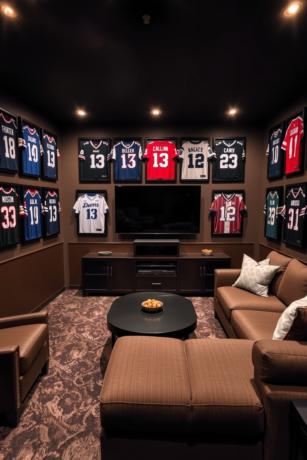 A stylish man cave designed for sports enthusiasts. The walls are adorned with framed jerseys from favorite teams, creating a vibrant and personalized atmosphere. A comfortable sectional sofa is positioned in front of a large flat-screen TV. Ambient lighting highlights the jerseys while a sleek coffee table sits in the center, perfect for game day snacks.