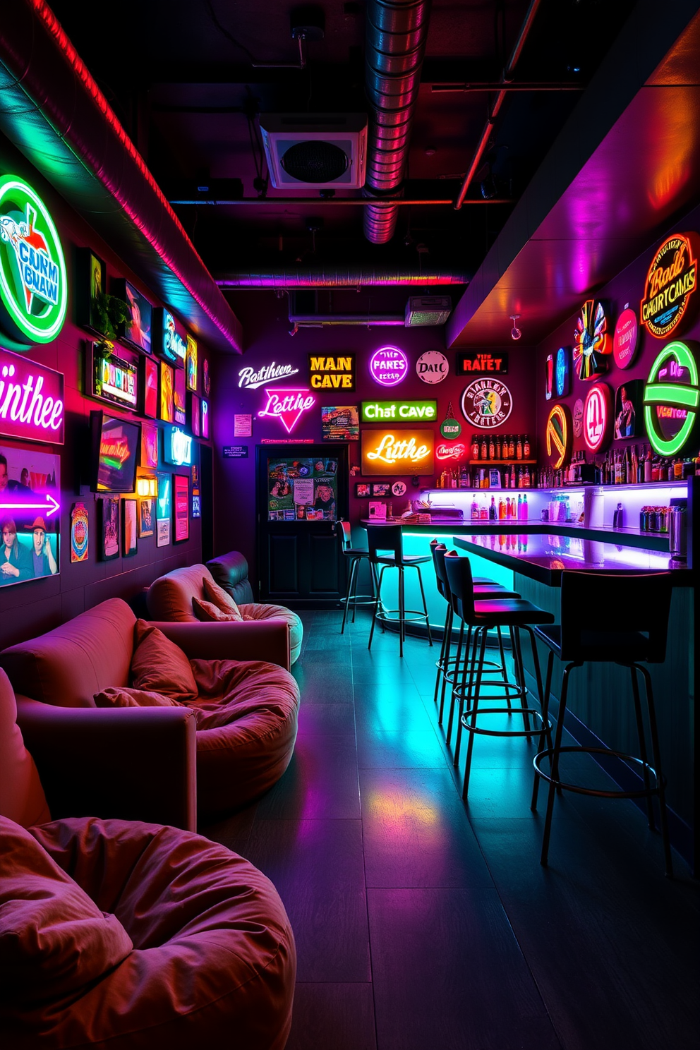 A vibrant man cave filled with personality. The walls are adorned with colorful neon signs that illuminate the space, creating a lively and inviting atmosphere. Comfortable seating arrangements are set up with plush sofas and bean bags. A sleek bar area features high stools and a neon-lit backsplash, perfect for entertaining friends.