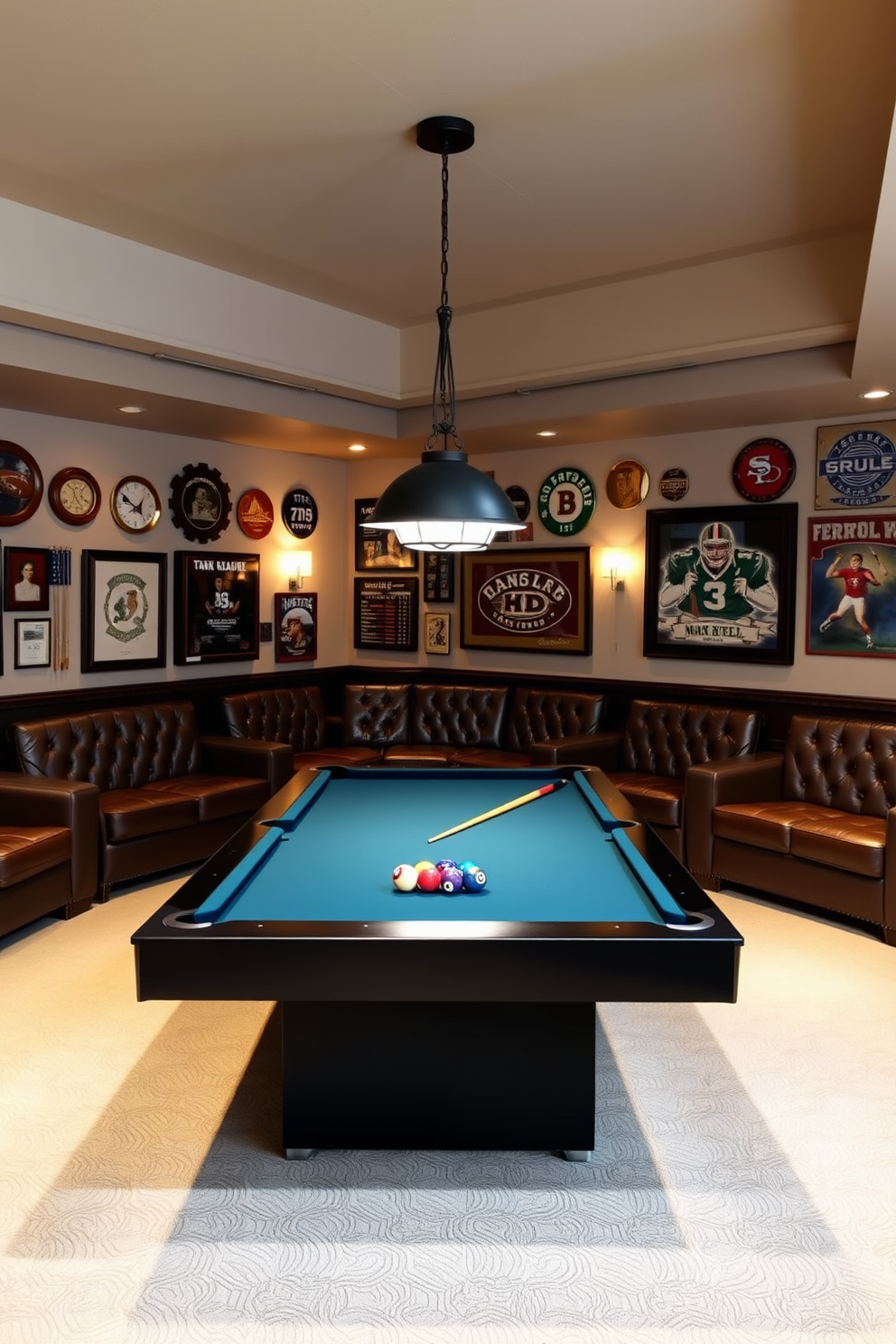 A stylish man cave designed for social gatherings features a sleek billiard table at its center, surrounded by comfortable leather seating. The walls are adorned with vintage sports memorabilia, and ambient lighting creates a warm and inviting atmosphere.