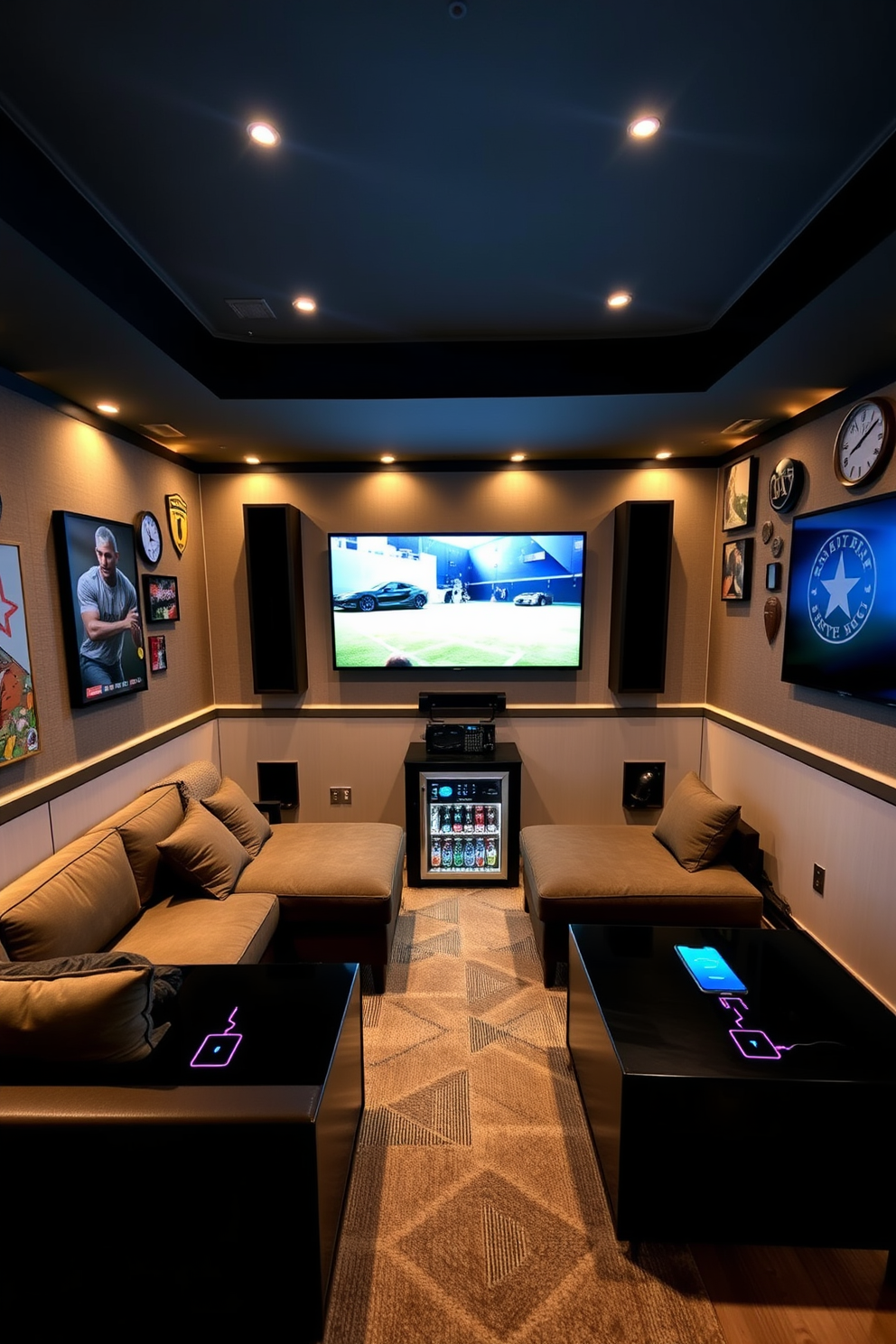 A modern man cave featuring tech-friendly charging stations seamlessly integrated into the design. The space includes a comfortable sectional sofa, a large flat-screen TV mounted on the wall, and sleek coffee tables with built-in USB ports. Ambient lighting creates a cozy atmosphere, while soundproofing materials ensure an immersive experience. The walls are adorned with sports memorabilia, and a mini-fridge stocked with beverages adds to the convenience of the space.