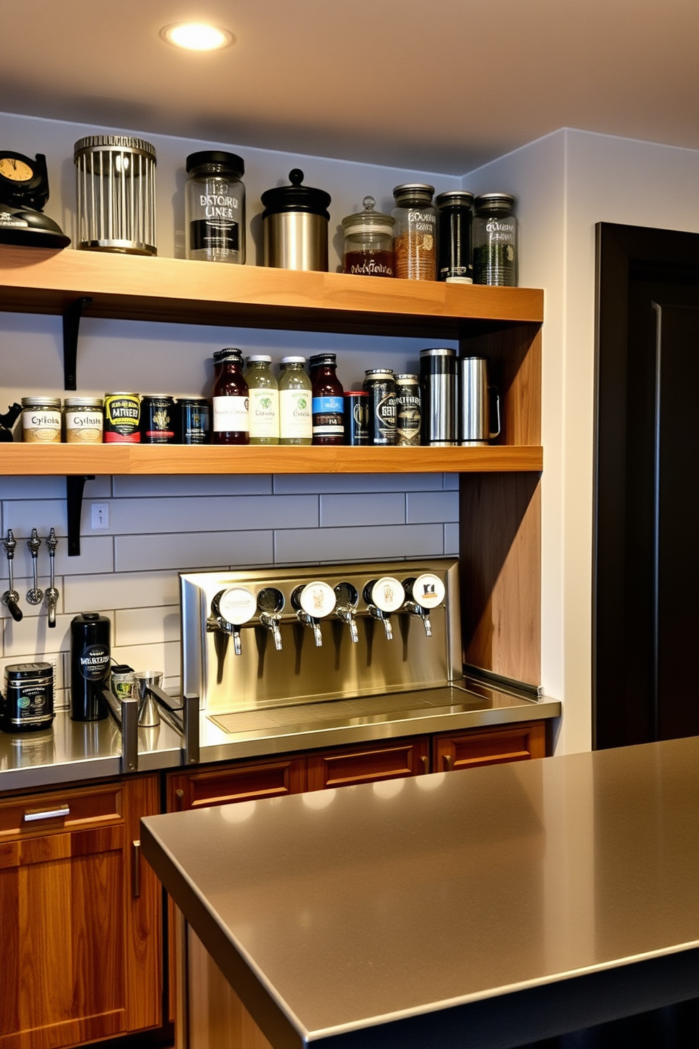 A stylish man cave featuring a custom draft beer system designed for home brewing. The space is adorned with rustic wooden shelves stocked with brewing supplies and a sleek bar area with a polished countertop for serving drinks.