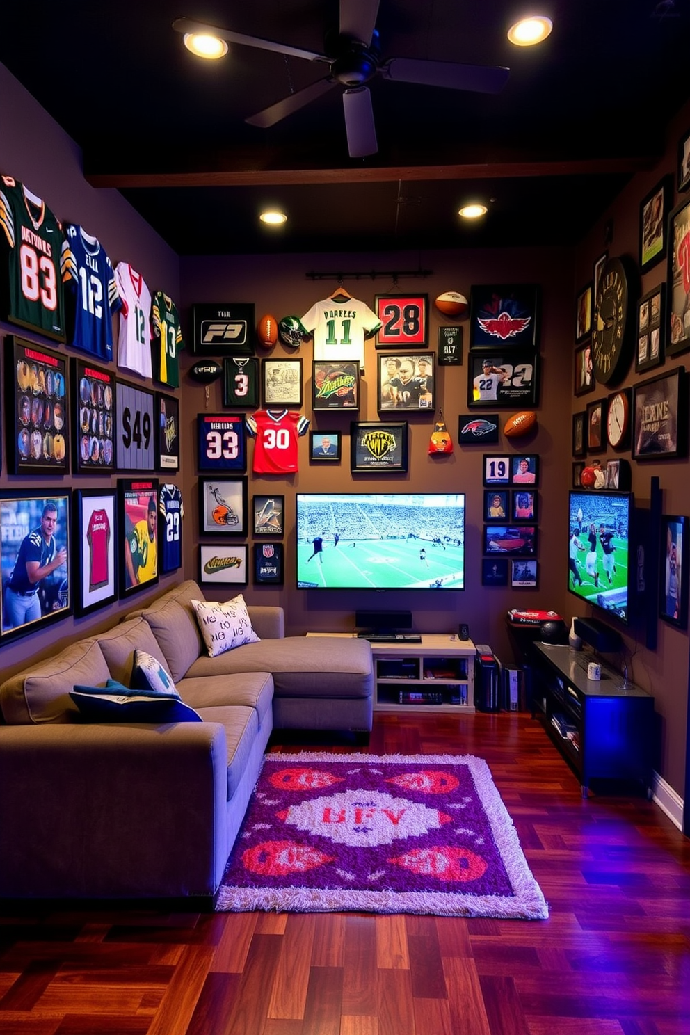 A cozy man cave featuring walls adorned with an array of sports memorabilia, showcasing jerseys, framed photographs, and signed balls. The space includes a comfortable sectional sofa facing a large flat-screen TV, perfect for game nights with friends. The flooring is a rich hardwood, complemented by a plush area rug in team colors. Ambient lighting highlights the memorabilia, creating an inviting atmosphere for relaxation and entertainment.