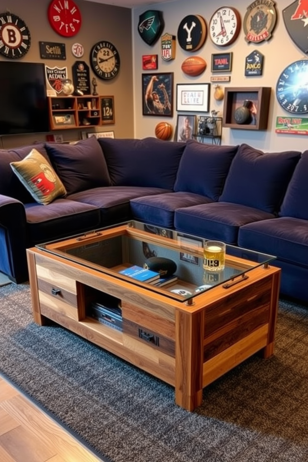 A unique coffee table with storage features that combines functionality and style. The table is crafted from reclaimed wood with a sleek glass top, showcasing a modern yet rustic aesthetic. In the man cave, the coffee table is surrounded by a plush sectional sofa in deep navy blue. The walls are adorned with vintage sports memorabilia, and ambient lighting creates a cozy atmosphere for relaxation and entertainment.