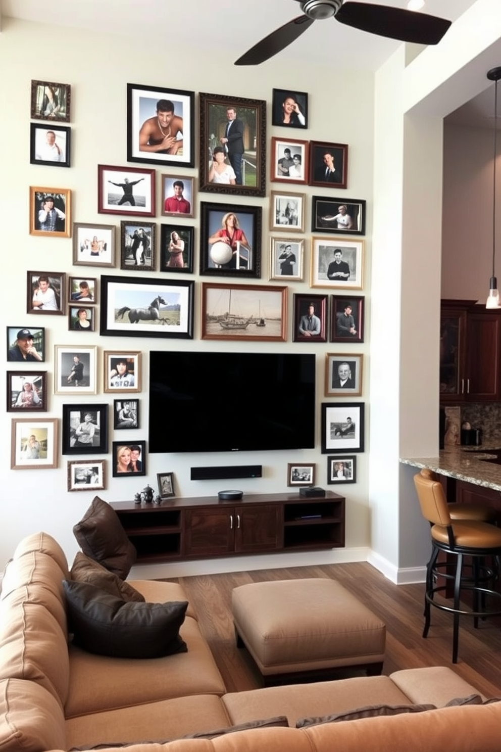 A gallery wall showcasing a curated collection of favorite photos. The frames vary in size and style, creating an eclectic yet cohesive look that reflects personal memories and experiences. A man cave designed for relaxation and entertainment. The space features a plush sectional sofa, a large flat-screen TV mounted on the wall, and a custom-built bar area with high stools.