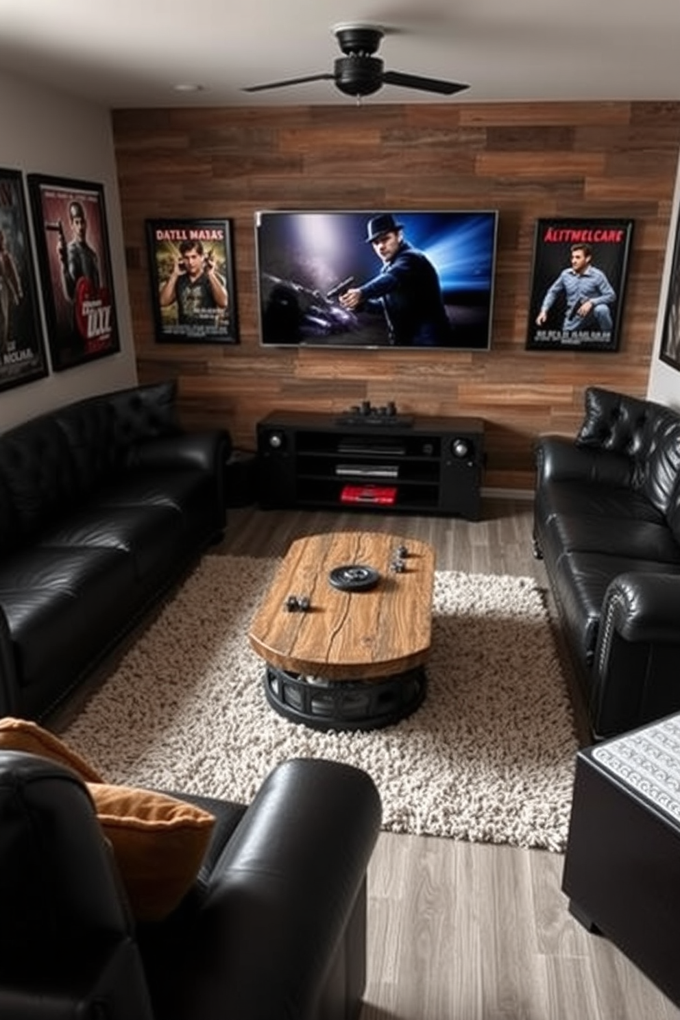 A cozy man cave inspired by a classic action movie. The space features a dark leather sectional sofa facing a large flat-screen TV mounted on a reclaimed wood wall. Vintage movie posters adorn the walls, framed in black for a sleek look. A rustic coffee table made from an old film reel sits in the center, surrounded by plush area rugs.