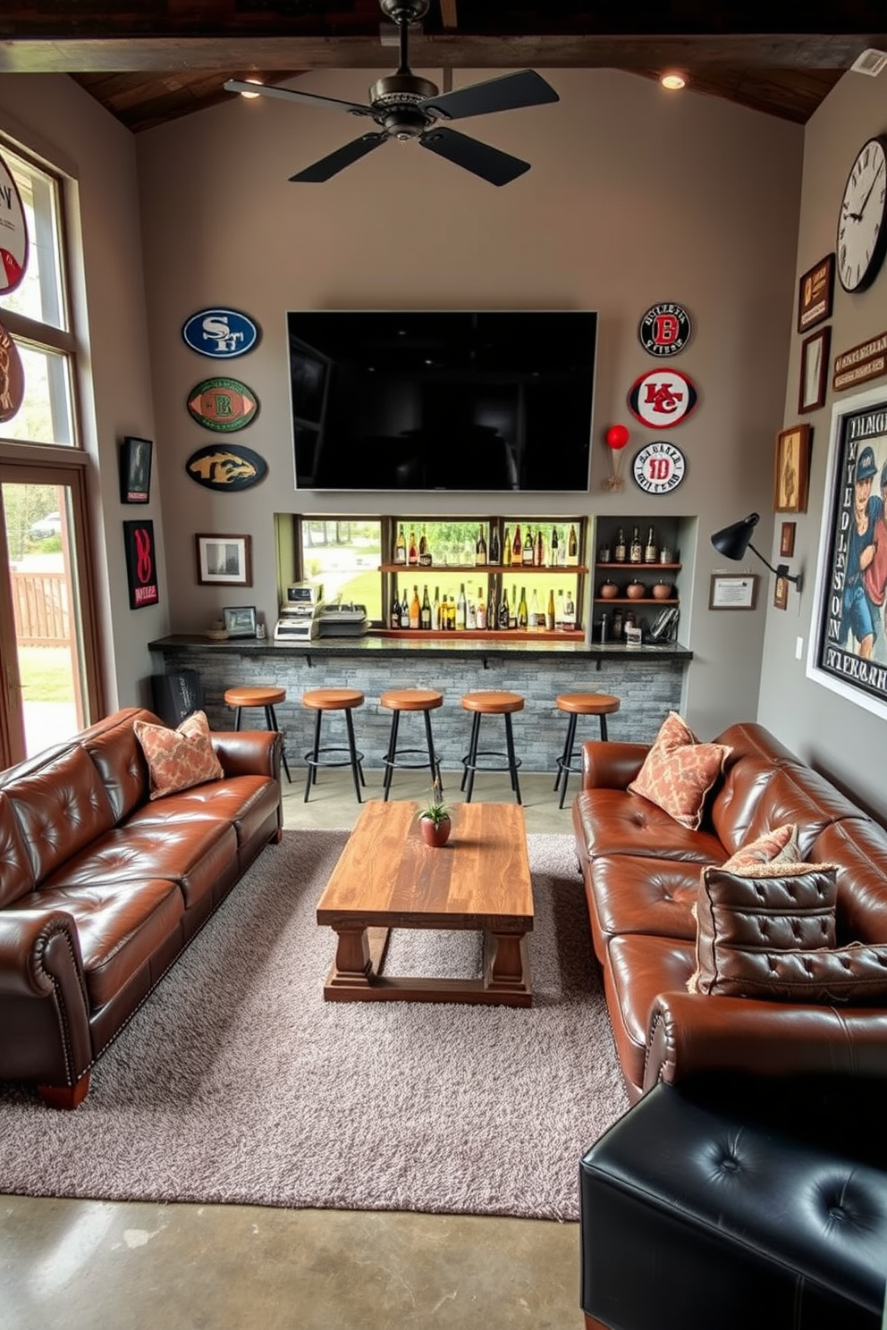 A stylish man cave featuring a comfortable leather sectional sofa positioned around a rustic wooden coffee table. The walls are adorned with vintage sports memorabilia, and a large flat-screen TV is mounted above a sleek bar area stocked with various beverages. Large windows provide outdoor access, allowing fresh air to circulate throughout the space. The flooring is a combination of plush carpeting and polished concrete, creating a cozy yet modern atmosphere.