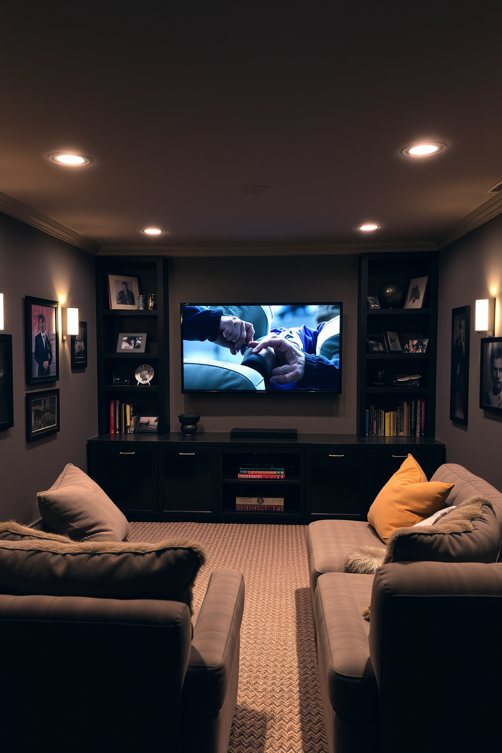 A cozy man cave featuring floor cushions arranged around a low wooden coffee table. The walls are adorned with sports memorabilia and the lighting is soft and ambient, creating a relaxed atmosphere. In one corner, a plush sectional sofa provides ample seating, complemented by a vintage rug that adds warmth to the space. A bar cart stocked with drinks and snacks is positioned nearby, inviting friends to gather and enjoy.