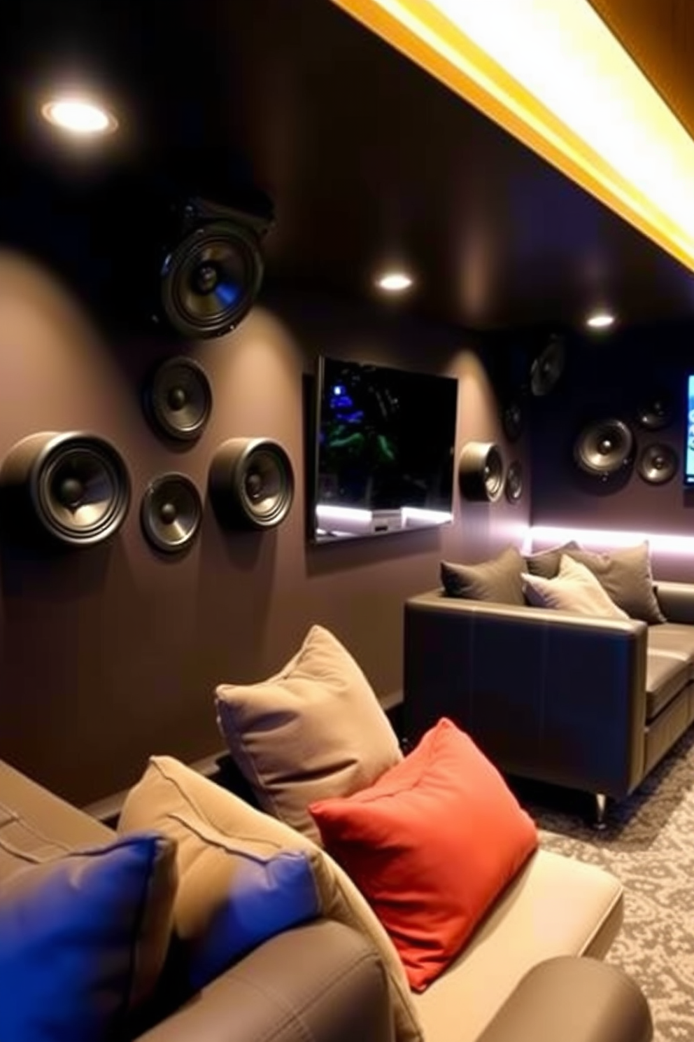 A stylish man cave featuring wall-mounted speakers for great sound. The space is designed with comfortable seating and ambient lighting to create a cozy atmosphere.