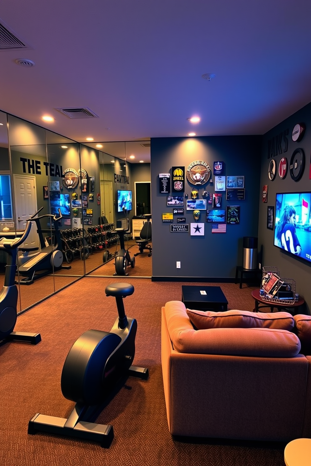 A personal gym setting designed for fitness enthusiasts features sleek and modern exercise equipment. The walls are painted in a bright motivational color, and large mirrors reflect the space, creating an open and energetic atmosphere. A cozy man cave design incorporates a plush sectional sofa and a large flat-screen TV for entertainment. The walls are adorned with sports memorabilia, and ambient lighting creates a warm and inviting environment for relaxation and socializing.