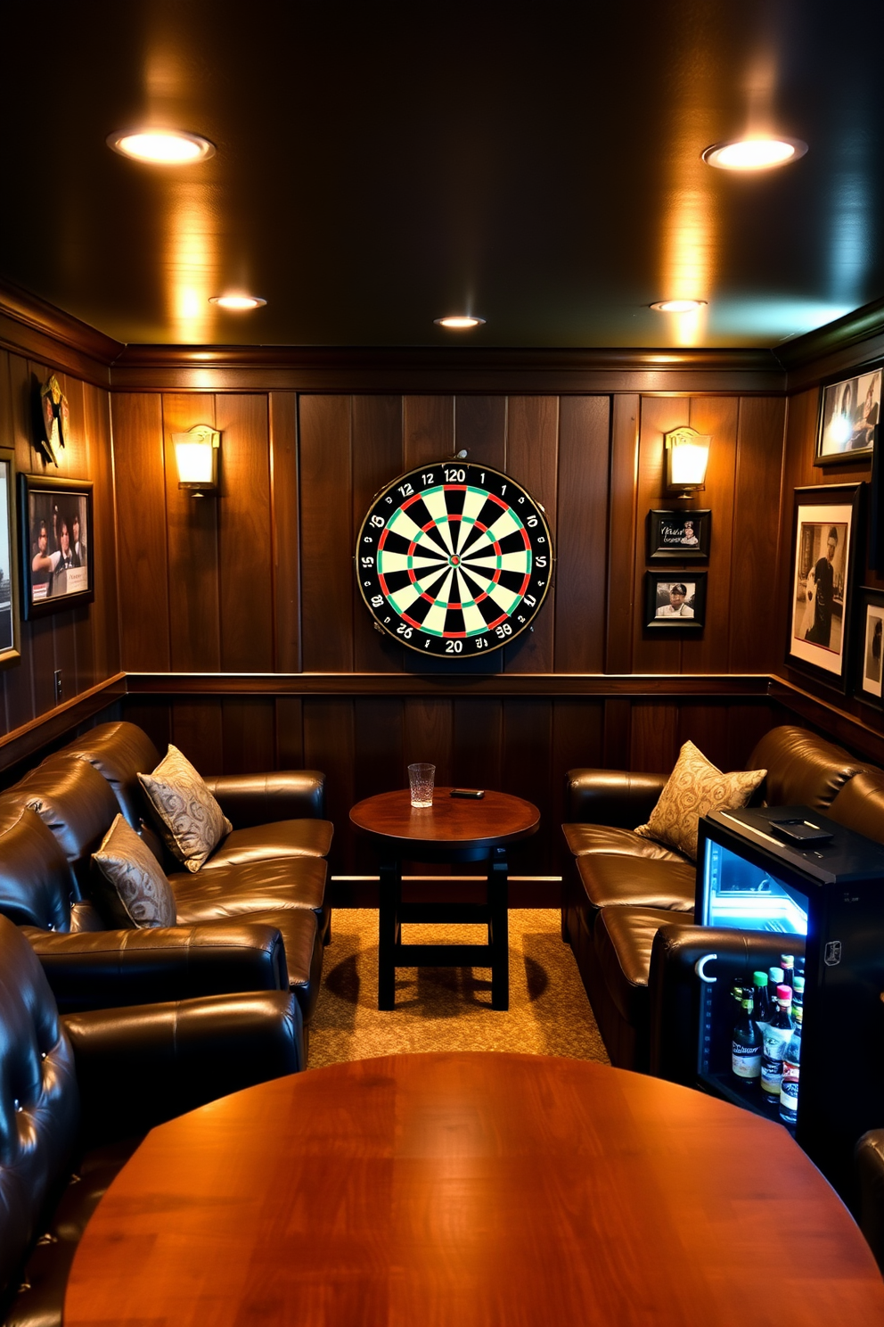 A customized dartboard is the centerpiece of a stylish man cave, surrounded by dark wood paneling and soft ambient lighting. Comfortable leather seating is arranged around a rustic pub table, creating an inviting space for friendly competition and gatherings. The walls are adorned with sports memorabilia and framed photographs, adding a personal touch to the atmosphere. A mini-fridge stocked with drinks is conveniently placed nearby, ensuring guests have everything they need for an enjoyable evening.