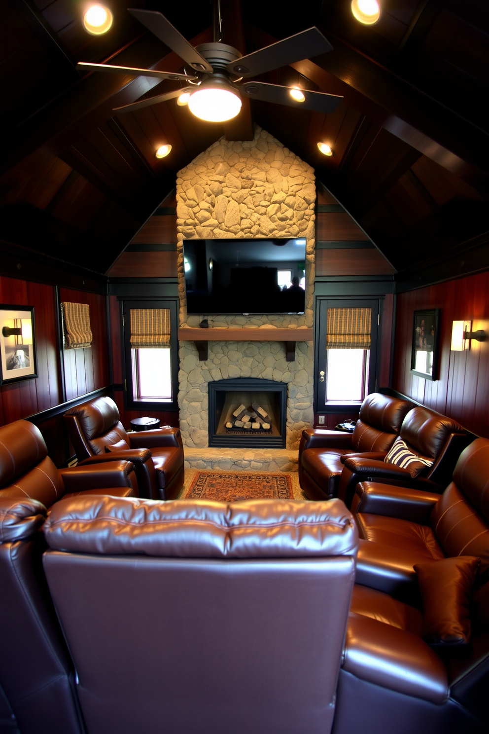 A cozy man cave featuring plush leather recliners arranged in a semi-circle for ultimate comfort. The walls are adorned with dark wood paneling, and a large flat-screen TV is mounted above a rustic stone fireplace.