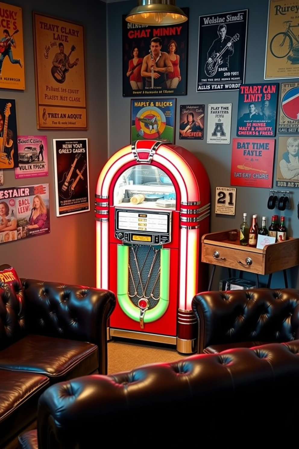 A retro jukebox stands proudly in the corner of the room, its vibrant colors and chrome details capturing the essence of classic music nostalgia. Surrounding the jukebox, comfortable leather seating invites friends to relax and enjoy the tunes in a cozy atmosphere. The walls are adorned with vintage music posters and memorabilia, creating a playful yet stylish backdrop. A rustic wooden bar cart stocked with drinks adds to the man cave's charm, making it the perfect spot for entertaining guests.