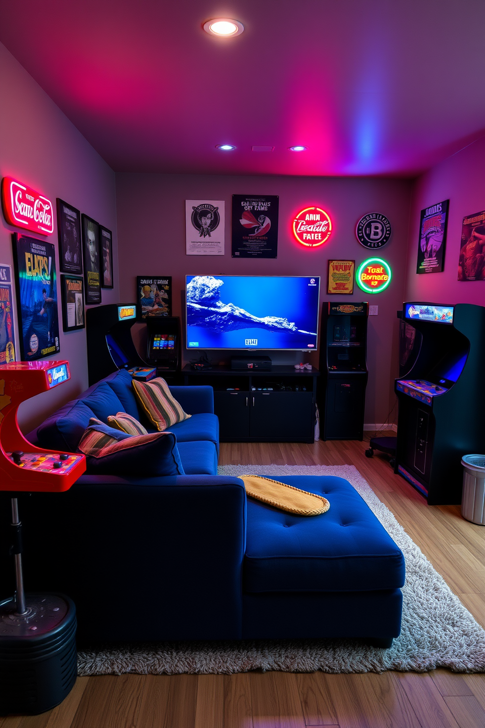 A stylish man cave featuring vintage arcade games arranged in a cozy corner. The walls are adorned with retro posters and the floor is covered with a plush rug for comfort. A comfortable sectional sofa in deep blue is positioned facing a large flat-screen TV. Ambient lighting from neon signs adds a playful touch to the overall atmosphere.