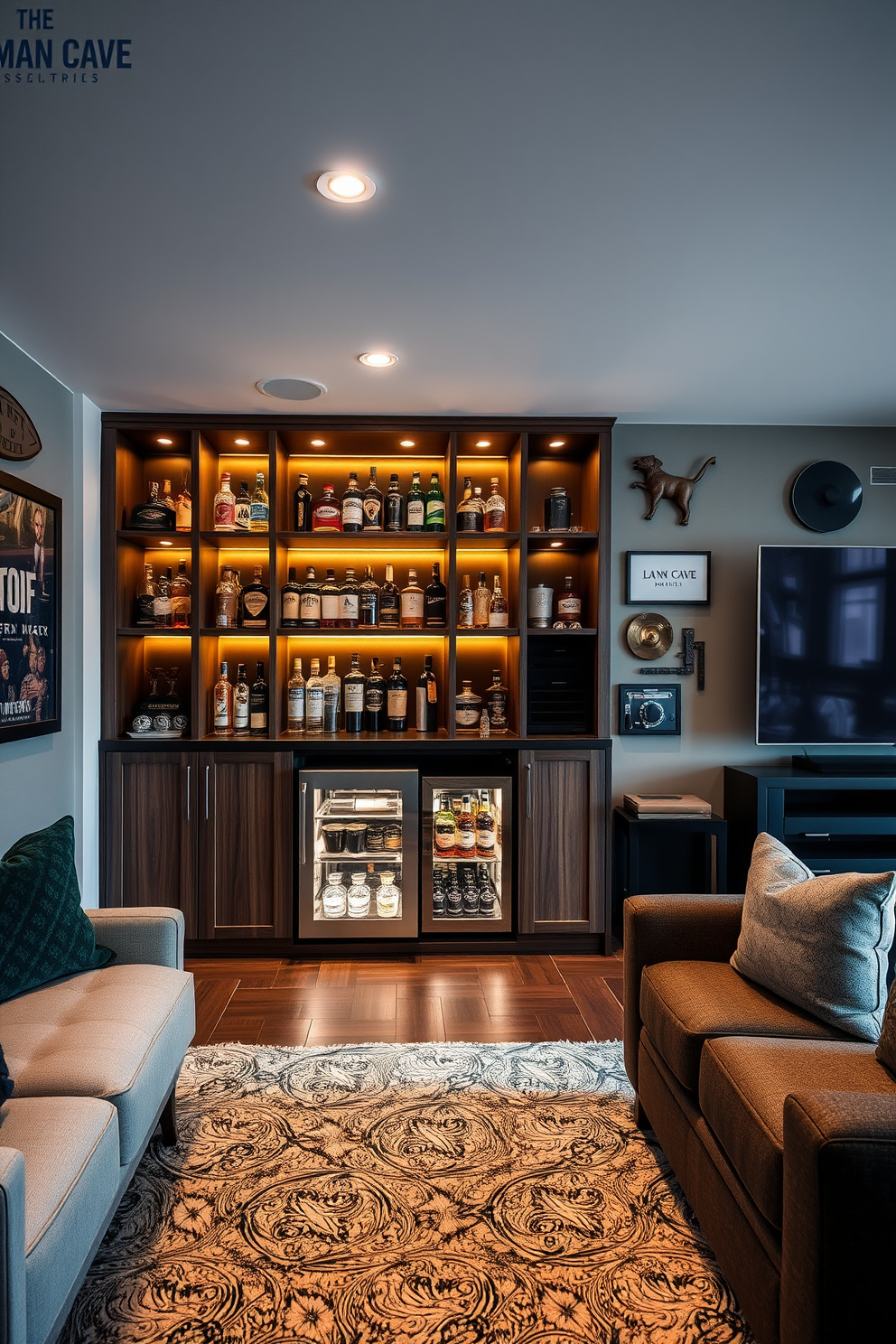 A sleek mini bar is designed with elegant shelving options that showcase an array of premium spirits and glassware. The bar area features rich wooden finishes and contemporary lighting that creates a warm and inviting atmosphere. The man cave is styled with comfortable seating and a large entertainment system for the ultimate relaxation experience. Accent walls adorned with sports memorabilia and a plush area rug enhance the cozy, personalized vibe of the space.