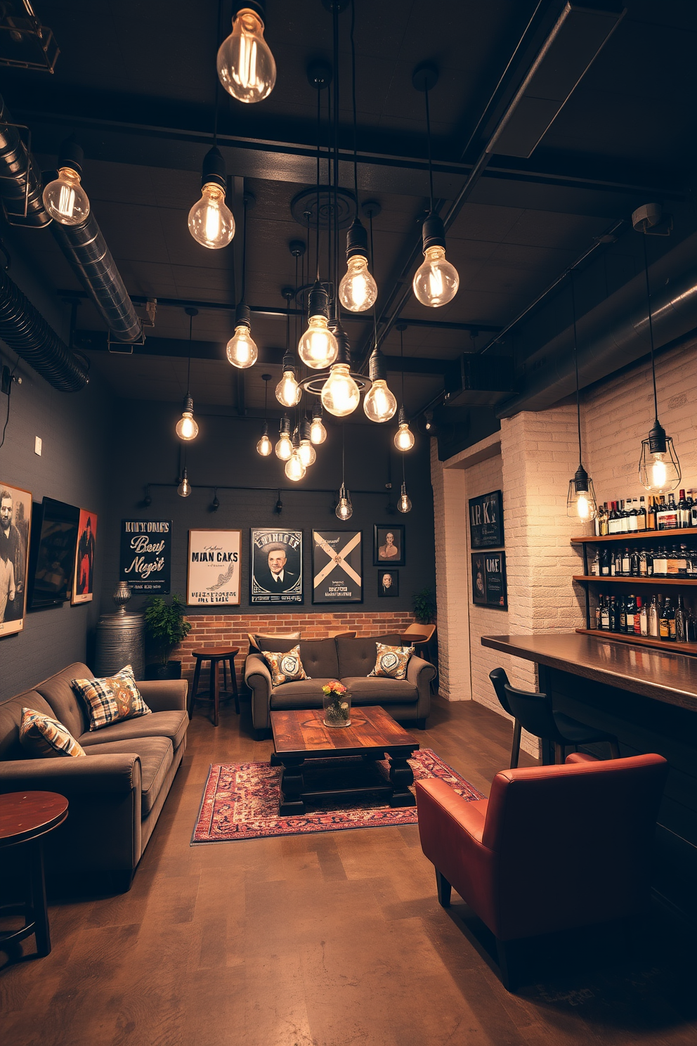 A stylish man cave featuring industrial lighting elements that create a warm and inviting atmosphere. Exposed bulbs hang from the ceiling, illuminating a spacious lounge area with a plush sectional sofa and a rustic wooden coffee table. The walls are adorned with vintage posters and metal accents, enhancing the industrial vibe. A sleek bar area is positioned against one wall, complete with high stools and a variety of spirits on display.