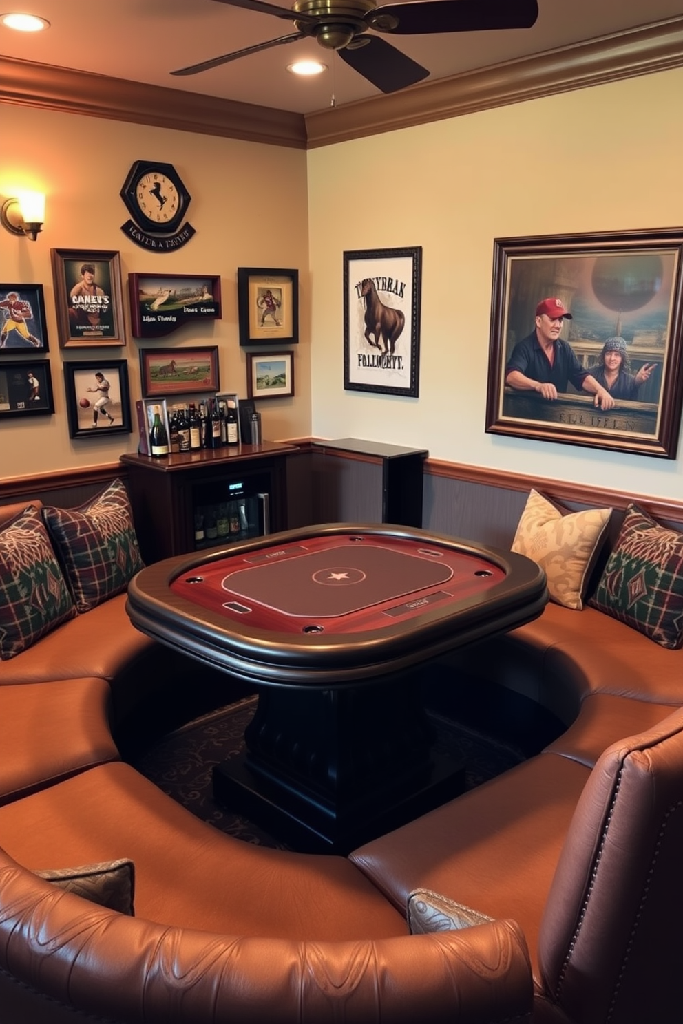 A stylish game table designed for poker or board games is the centerpiece of the man cave. The table features a rich mahogany finish with plush seating around it, creating a comfortable and inviting atmosphere. Surrounding the table, the walls are adorned with vintage sports memorabilia and framed artwork that reflects personal interests. Soft ambient lighting enhances the mood, while a mini bar stocked with drinks is conveniently located nearby for easy access during game nights.