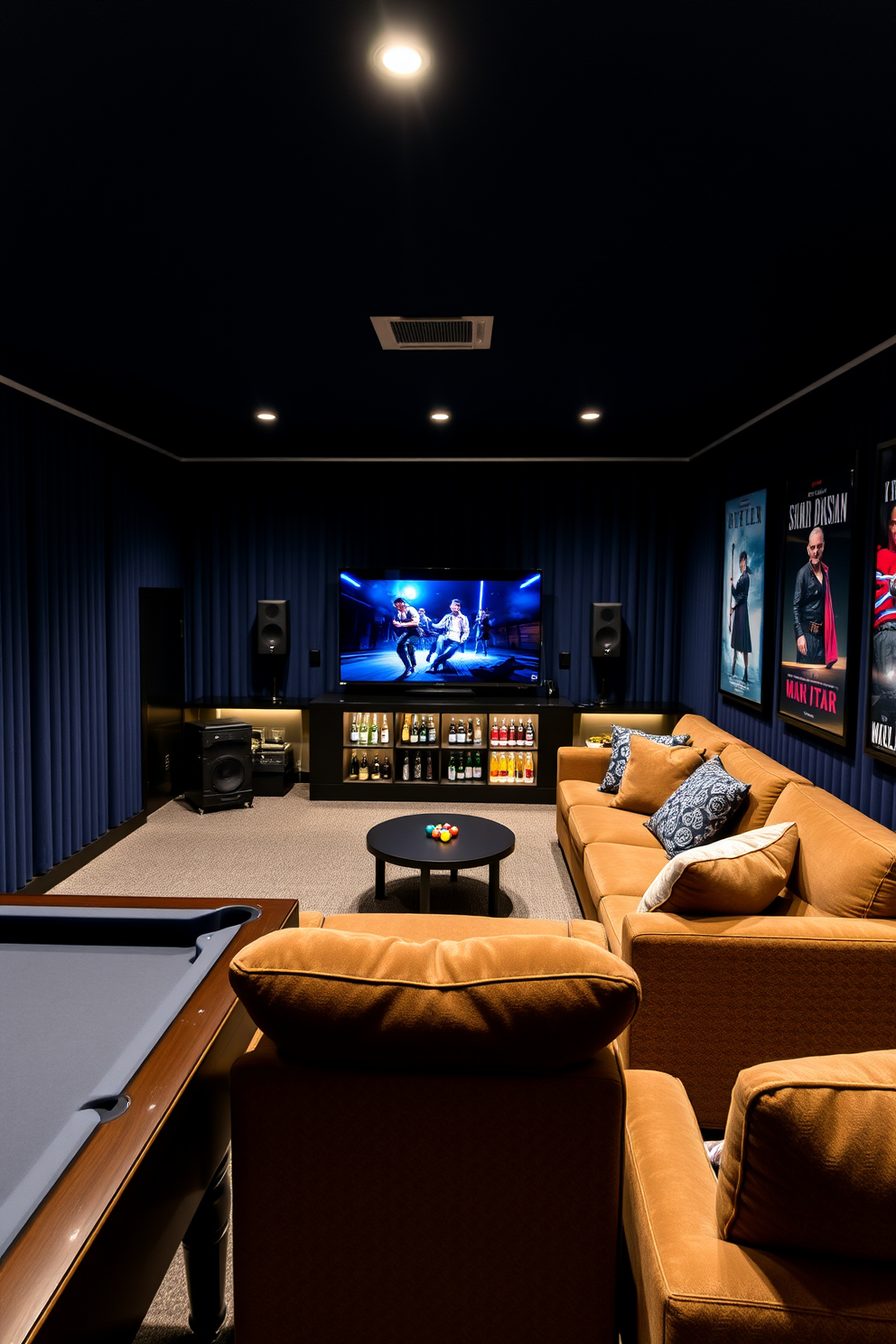 A soundproof man cave designed for relaxation and entertainment. The walls are lined with acoustic panels in a deep navy blue, and plush seating is arranged around a large flat-screen TV. Soft ambient lighting creates a cozy atmosphere, while a mini bar stocked with beverages adds a touch of luxury. A pool table occupies one corner, and framed posters of classic films adorn the walls.