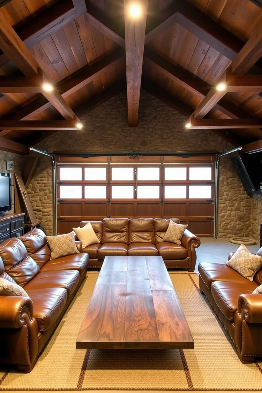 A cozy man cave garage featuring rustic wood beams that crisscross the ceiling and stone accents throughout the walls. The space is designed for relaxation and entertainment, with a large leather sectional sofa and a reclaimed wood coffee table at the center.