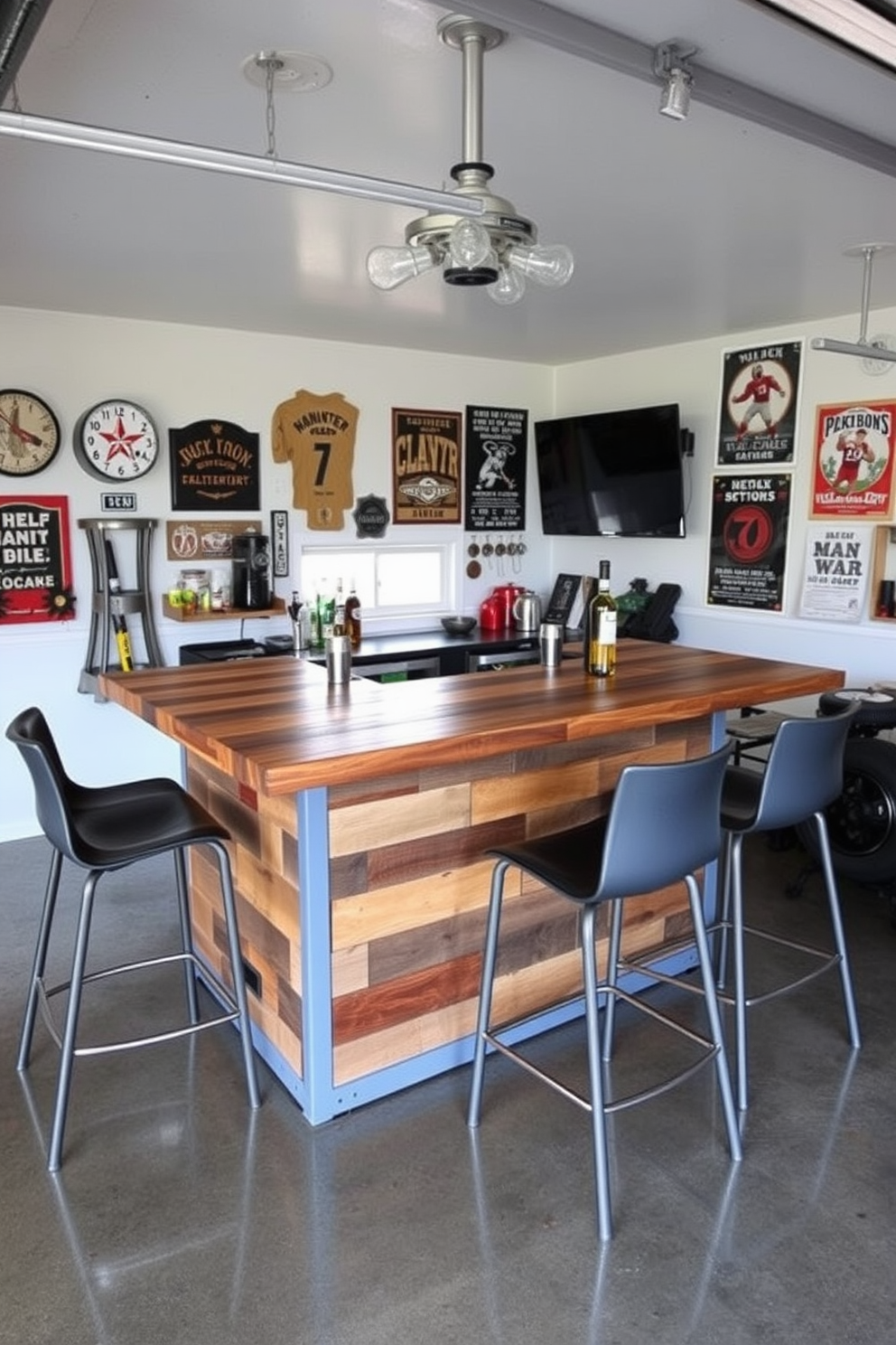 A stylish man cave garage featuring a reclaimed wood bar top that serves as the centerpiece of the space. Surrounding the bar are sleek modern stools, providing a comfortable spot for guests to enjoy drinks and conversation. The garage walls are adorned with vintage memorabilia and sports posters, creating a relaxed and inviting atmosphere. The flooring is polished concrete, enhancing the industrial feel while complementing the rustic charm of the reclaimed wood.